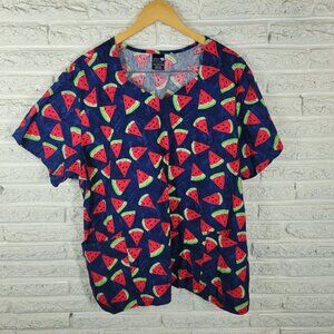 Zoe Chloe Unisex Scrub Top 2XL Plus Blue Pink Watermelons Cotton B9E